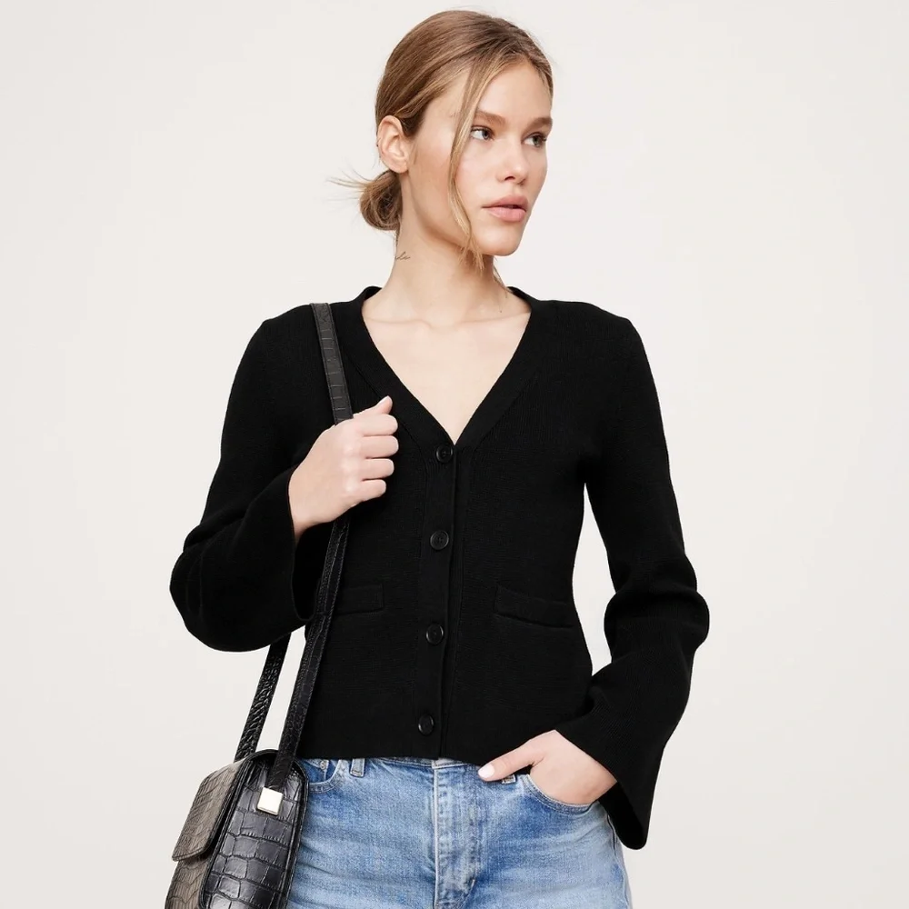 NWT Banana Republic Cotton Silk Black Flare Sleeved Cardigan Sz S (#784412)